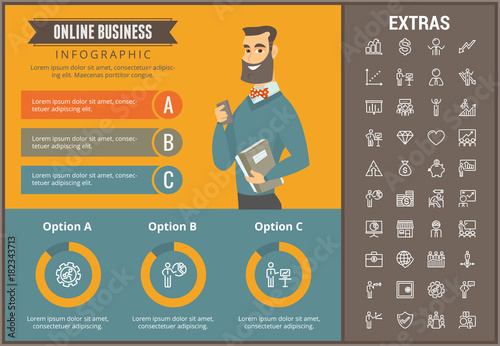 Online business infographic template, elements and icons. Infograph includes customizable graphs, charts, line icon set with stack of money, online market, business worker, mobile shop etc.