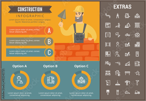Construction infographic template, elements and icons. Infograph includes customizable graphs, charts, line icon set with construction worker, builder tools, repair person, house building etc.