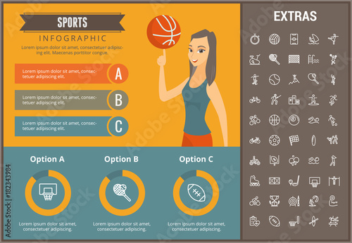 Sports infographic template, elements and icons. Infograph includes customizable graphs, charts, line icon set with sport equipment, sports field, competitive games, champion pedestal, athlete etc.