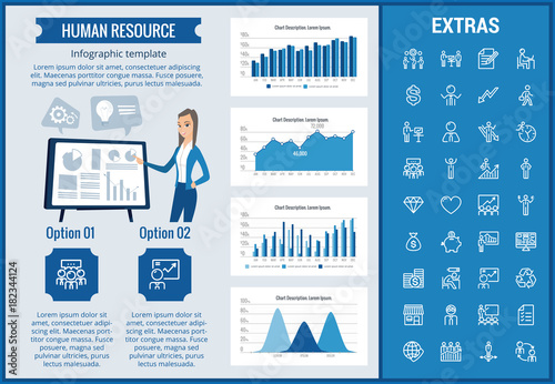 Human resource infographic template, elements and icons. Infograph includes customizable graphs, charts, line icon set with human resources manager, employee, business worker, corporate leader etc.