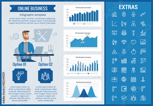 Online business infographic template, elements and icons. Infograph includes customizable graphs, charts, line icon set with stack of money, online market, business worker, mobile shop etc.