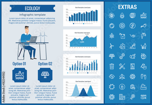 Ecology infographic template, elements and icons. Infograph includes customizable graphs, charts, line icon set with resources of green energy, environmental cycle, water and sun power, factory etc.