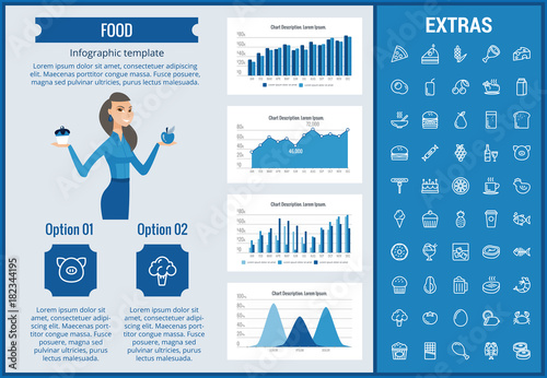 Food infographic template, elements and icons. Infograph includes customizable graphs, charts, line icon set with food ingredients, restaurant meal, fruit and vegetables, sweet snacks, fast food etc.