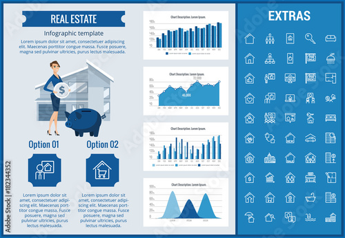 Real estate infographic template, elements and icons. Infograph includes customizable graphs, charts, line icon set with real estate agent, architecture engineering, investment broker, realtor etc.