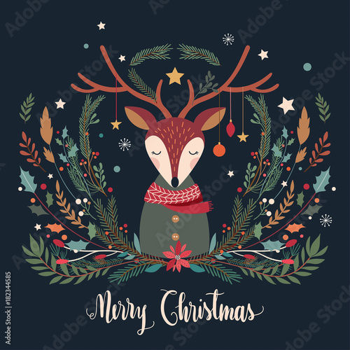 Christmas greeting card with deer and decorative seasonal branches