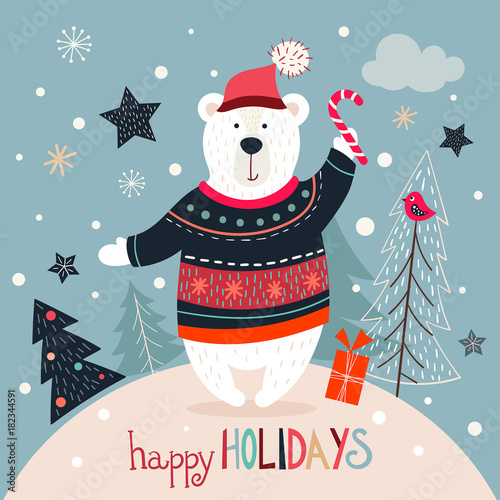 Christmas greeting card with white bear on a winter background