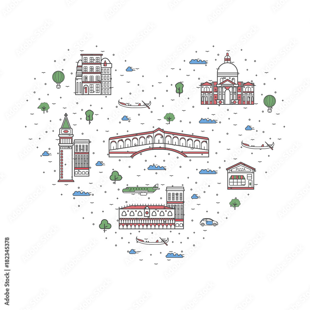 I love Venice poster with national architectural attractions in heart frame. Historic italian famous landmarks and traditional symbols. Touristic advertising vector layout in trendy linear style.