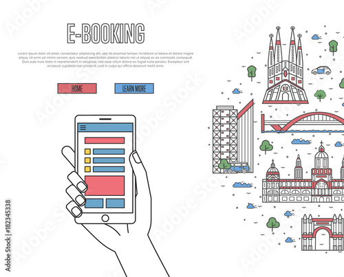 Online tickets ordering poster with spanish famous architectural landmarks in linear style. E-booking vector with smartphone in hand, mobile payment. European traveling, Spain historic attractions
