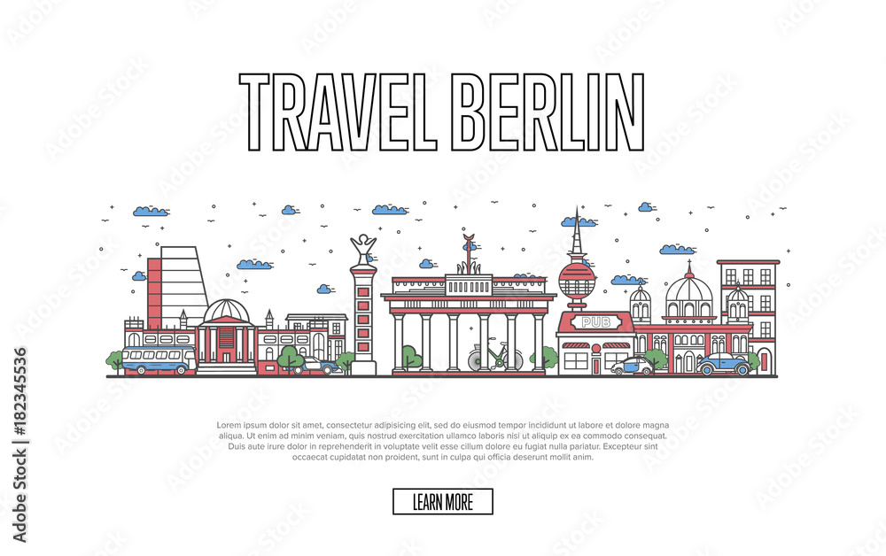 Travel Berlin poster with architectural attractions in linear style. Worldwide traveling and time to travel concept. Berlin skyline with famous landmarks, german tourism and journey vector background