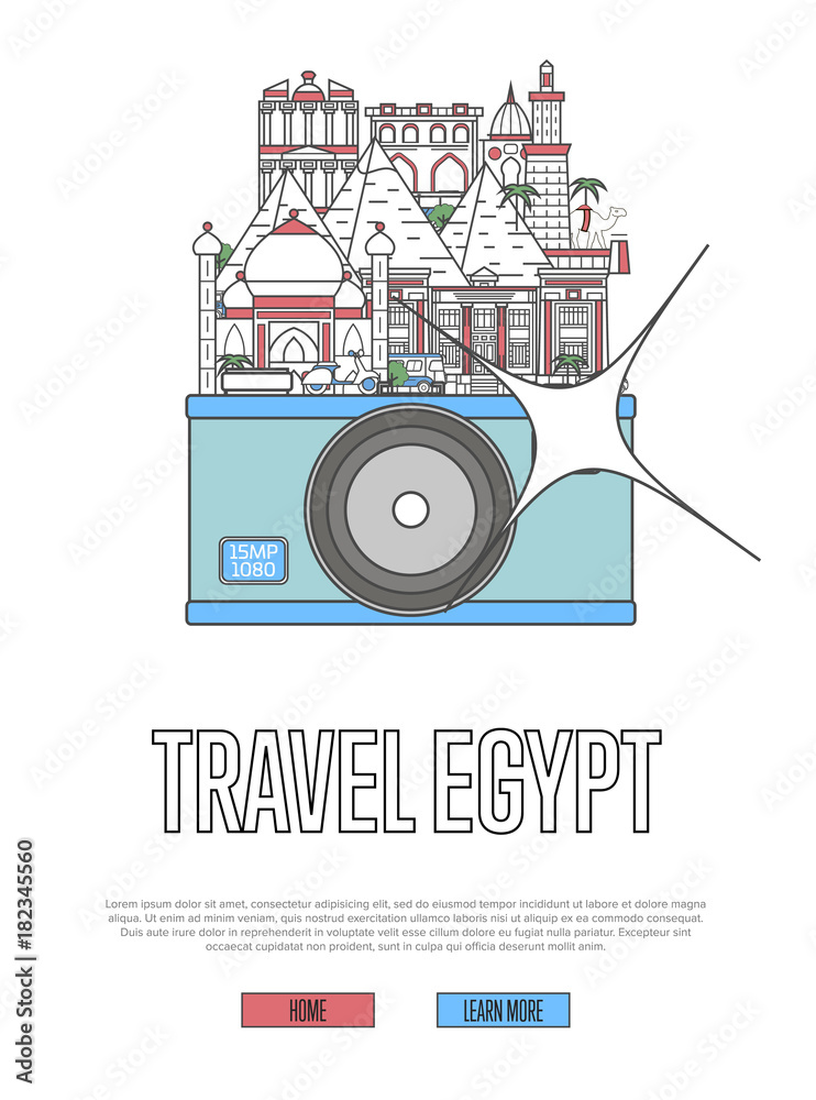 Obraz premium Travel Egypt poster with famous architectural attractions on big camera. Worldwide traveling and time to travel vector concept in linear style. Egyptian national landmarks, world tourism and journey