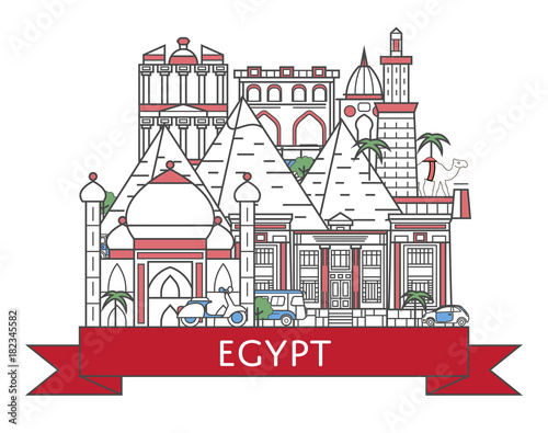 Travel Egypt poster with national architectural attractions in trendy linear style. Egyptian famous landmarks on white background. Country tourism advertising and worldwide voyage vector concept.