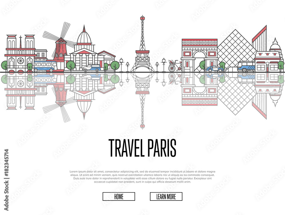 Travel tour to Paris poster with famous architectural attractions in linear style. Worldwide traveling and time to travel concept. Paris panorama with landmarks, tourism and journey vector banner