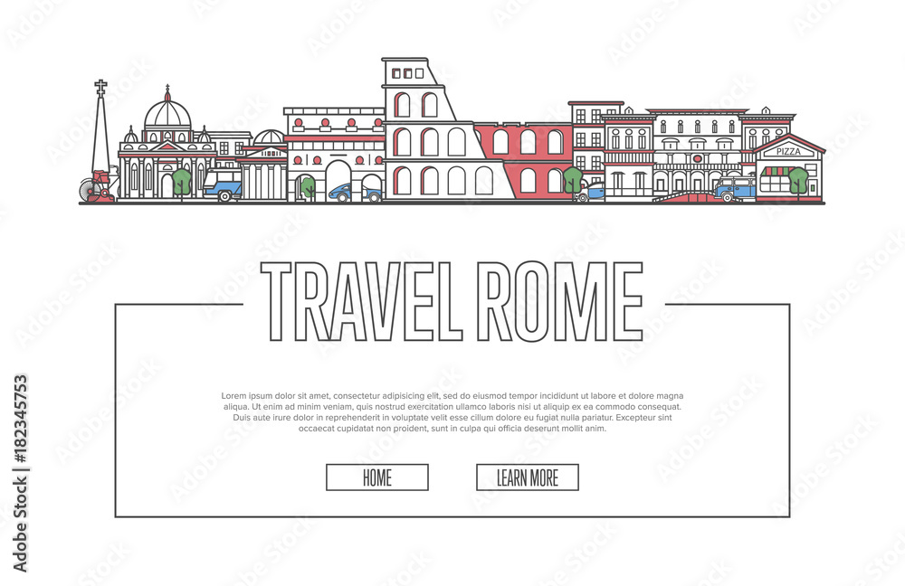 Travel Rome vector composition with famous architectural landmarks in linear style. Worldwide traveling and time to travel concept. Roman national attractions on white background, italian tourism.