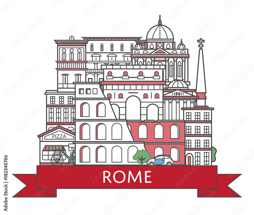 Travel Rome poster with national architectural attractions in trendy linear style. Roman famous landmarks on white background. Italian tourism advertising and worldwide voyage vector concept.