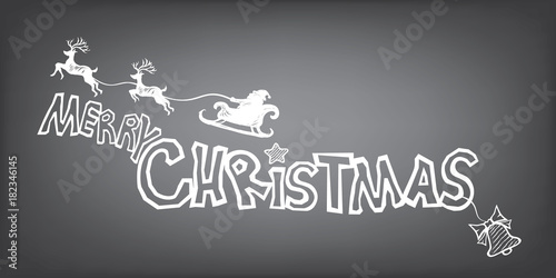 Merry Christmas with Santa sleigh and reindeer. Lettering design in doodle silhouette style for Xmas Holiday and Happy New Year. 