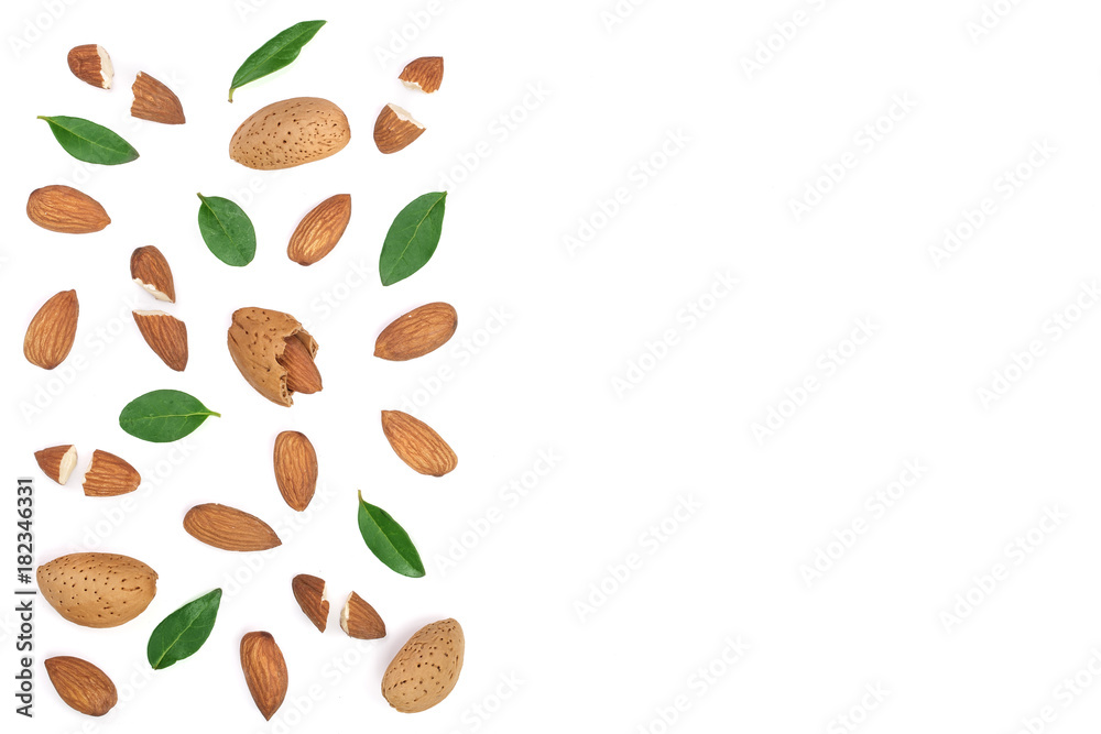 almonds isolated on white background with copy space for your text. Top view. Flat lay pattern almonds isolated on white background with copy space for your text. Top view. Flat lay pattern