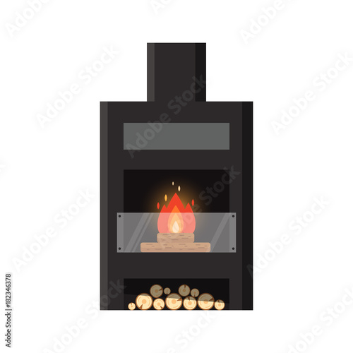 Vector different colorful home fireplace with fire and firewood isolated on white background. Design elements for room interior in flat style, fire warm - stock illustration
