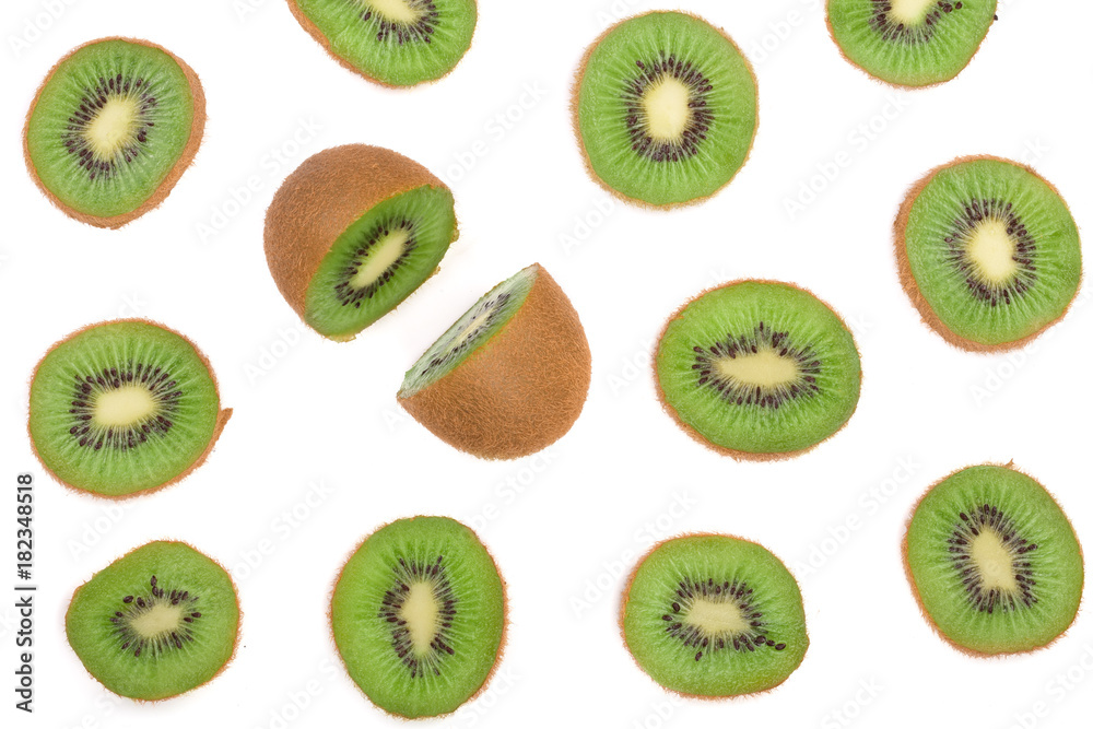 Fototapeta premium sliced kiwi fruit isolated on white background. Flat lay pattern. Top view