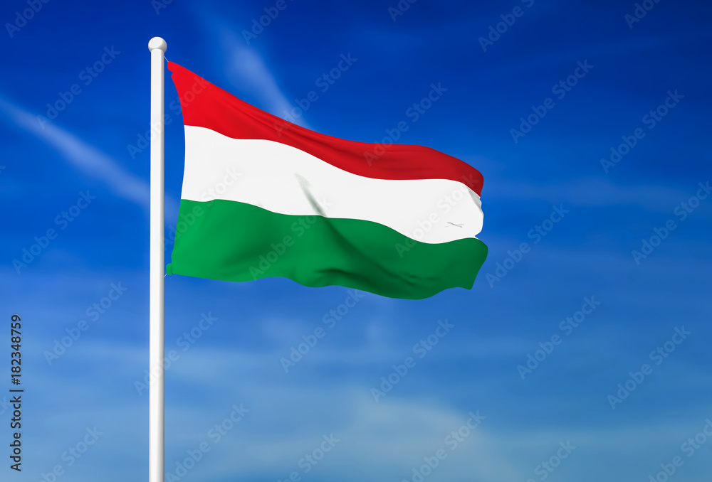 Waving flag of Hungary on the blue sky background