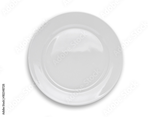 top view of empty white plate isolated on white background