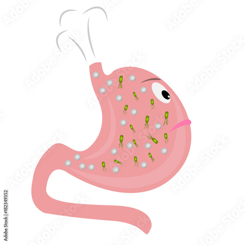 A Stomach with excess gas and Helicobacter pylori. Cartoon style