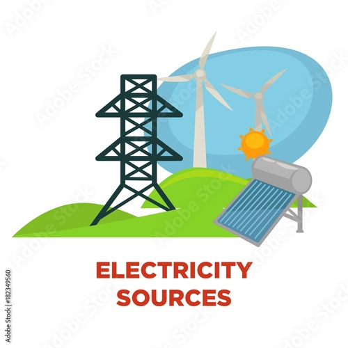 Electricity sources and eco green energy power vector flat solar battery, windmill and sun