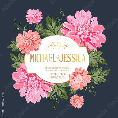 Marriage invitation card. Chrysanthemum garland for holiday card. Avesome flower garland with mum flowers isolated over blue background. photo