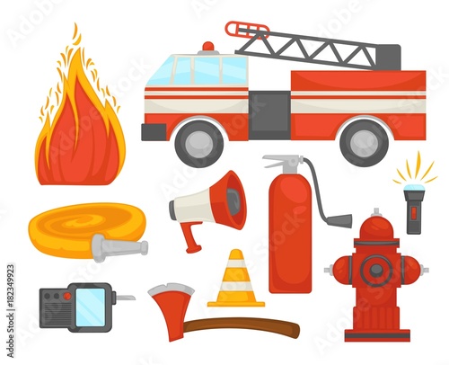 Fire protection secure team poster of firefighter rescue extinguishing equipment vector flat icons