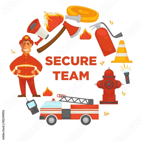 Fire protection secure team poster of firefighter extinguishing equipment vector flat icons