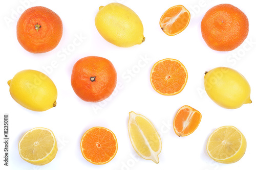 lemon and tangerine isolated on white background. Flat lay, top view. Fruit composition