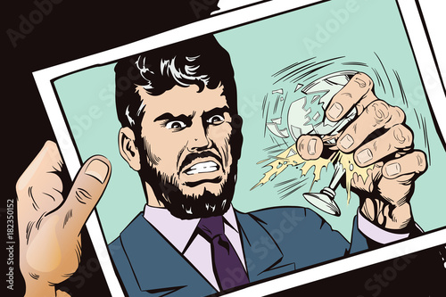 Angry man crushes glass with hand. Stock illustration.