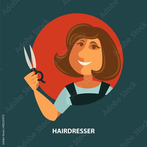 Hairdresser woman with scissors vector flat poster for hair beauty hairdressing salon