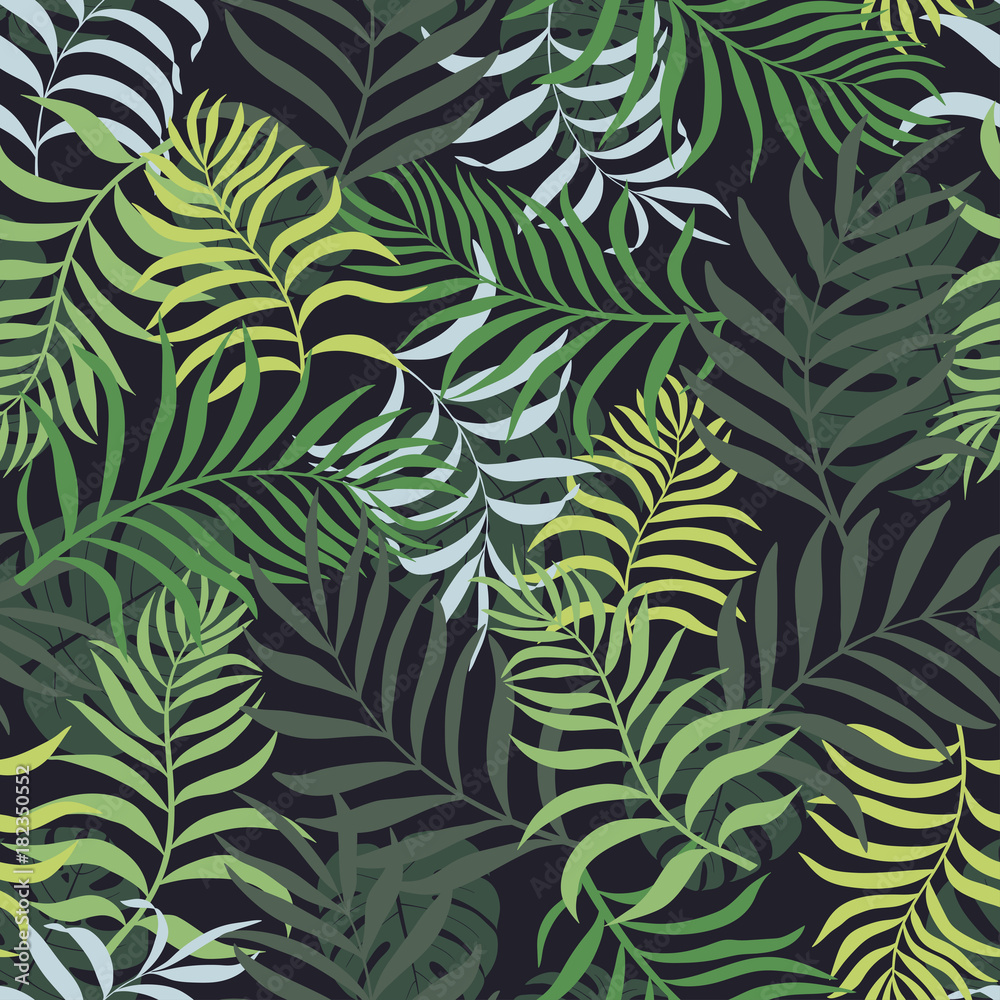 Tropical background with palm leaves. Seamless floral pattern. Summer vector illustration Tropical background with palm leaves. Seamless floral pattern. Summer vector illustration