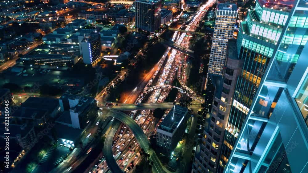 Time-lapse traffic on the 110 Downtown Los Angeles highway at night