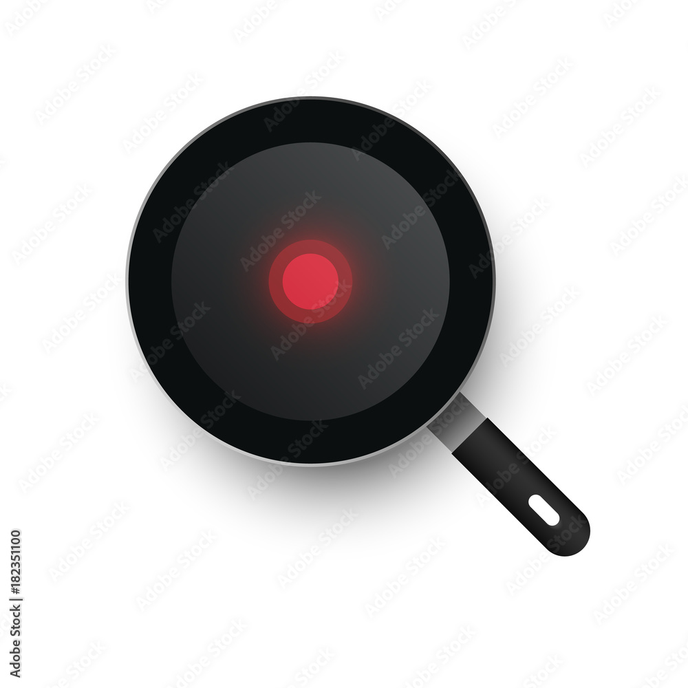 A realistic hot vector frying pan heated up. View from above. Red thermo spot
