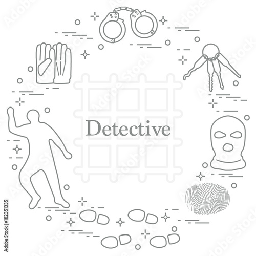 Criminal and detective elements. Crime, law and justice vector icons.