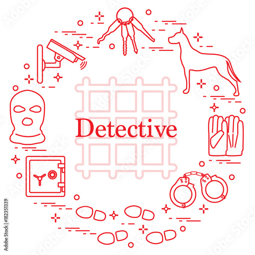 Criminal and detective elements. Crime, law and justice vector icons.