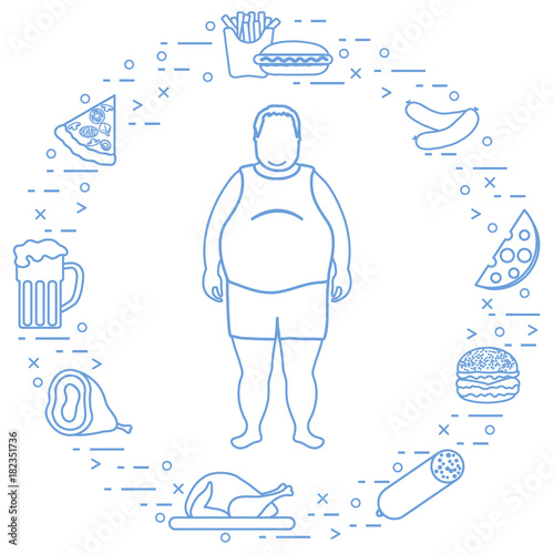 Fat man with unhealthy lifestyle symbols around him. Harmful eating habits.