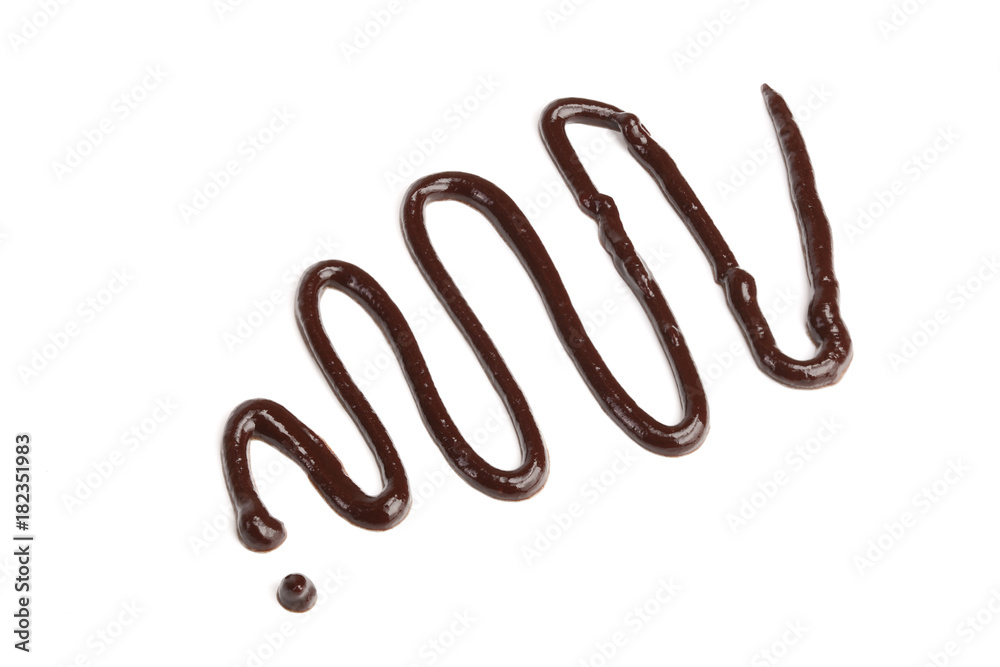 Hot melted chocolate pouring isolated on white background, top view Hot melted chocolate pouring isolated on white background, top view