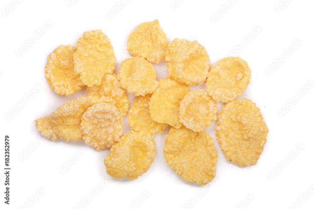 Corn flakes isolated on white background. Top view Corn flakes isolated on white background. Top view
