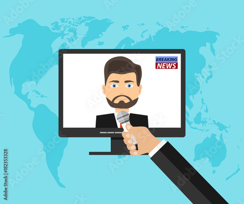 A hand with a microphone interviews a person from the computer. News Service.