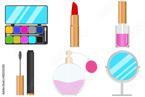 Women set of makeup, eye shadow, lipstick, nail polish, mascara for the eyes.