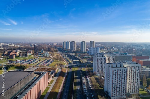 Fototapeta Naklejka Na Ścianę i Meble -  Aerial view on road and residential buildings in Katowice,