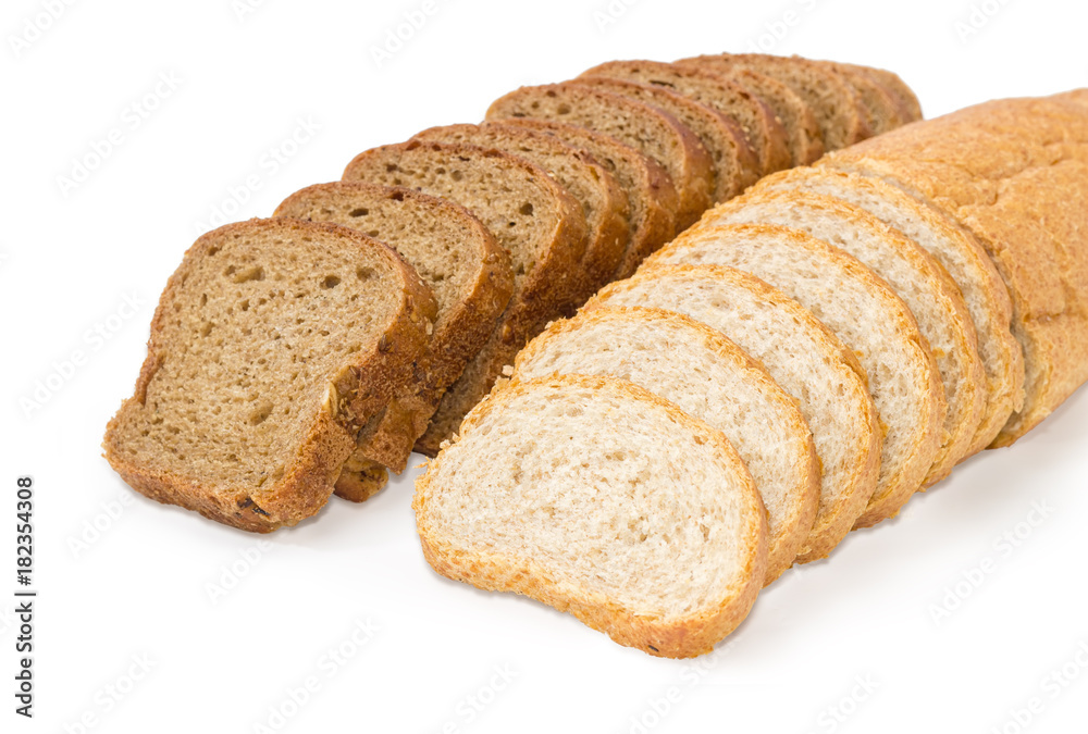 Two varities of the sliced bread on a white background
