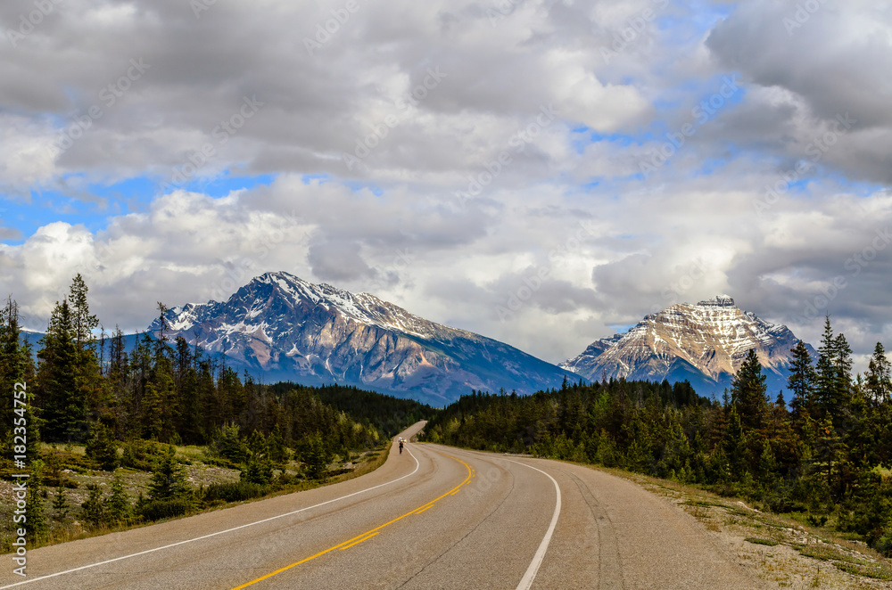 Naklejka premium Road, highway between the snow mountains and green forest