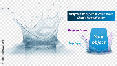 Translucent water splash crown with reflection consist of two layers: top and bottom. In gray colors, isolated on transparent background. Transparency only in vector file