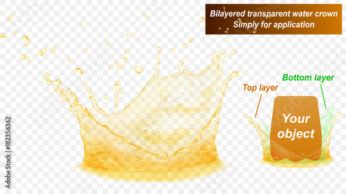 Translucent water splash crown consist of two layers: top and bottom. In yellow colors, isolated on transparent background. Transparency only in vector file