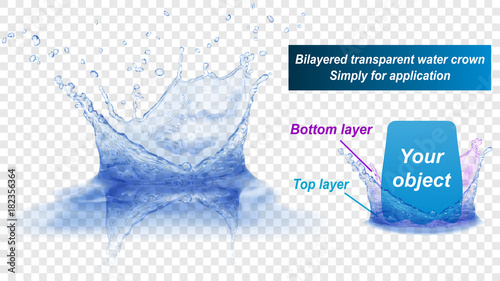 Translucent water splash crown with reflection consist of two layers: top and bottom. In blue colors, isolated on transparent background. Transparency only in vector file