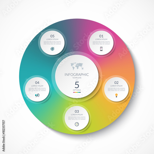 Infographic template with 5 circles, options, steps, parts. Can be used for diagram, chart, graph, brochure, annual report, business presentation