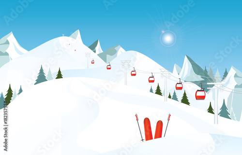 Winter mountain landscape with pair of skis in snow and ski lift.